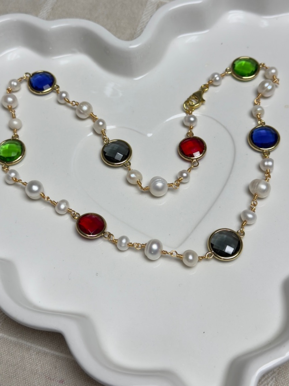 18k Gold Plated Chain Necklace with Multicolor Gem. Freshwater Pearl Natural